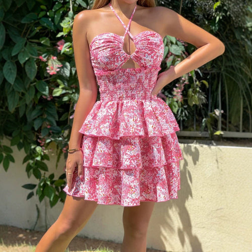 Damen Rüschenkleid mit schulterfreiem Design und floralem Muster R&B