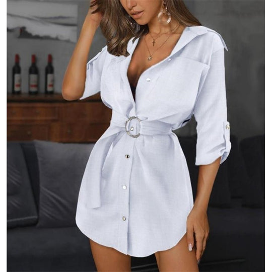 Damen Kurzarmhemd-Kleid mit Gürtel und hochwertigem Stoff R&B