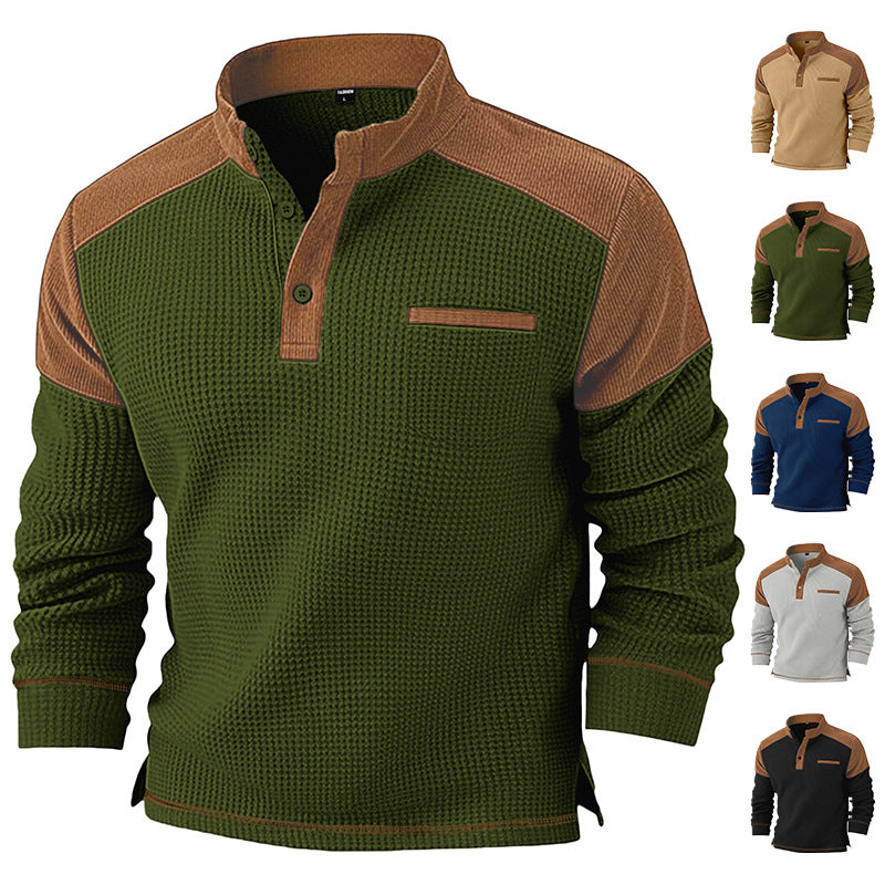 Herren nan Waffelstrick-Henley mit Stehkragen, Cord-Schulterpasse und Brustpaspel R&B