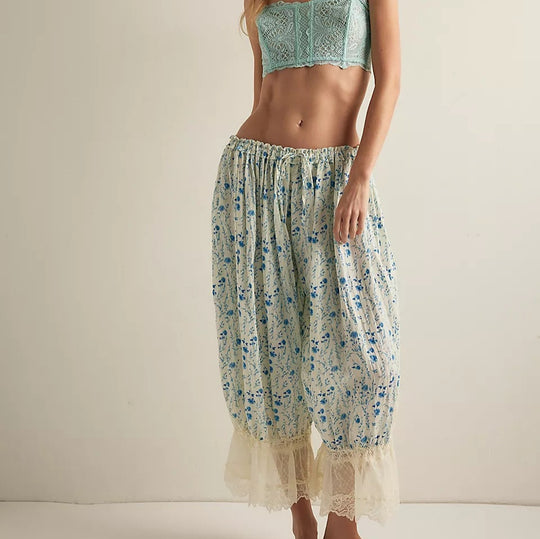 Damen Blumenmuster Hose mit Spitzenabschlüssen R&B