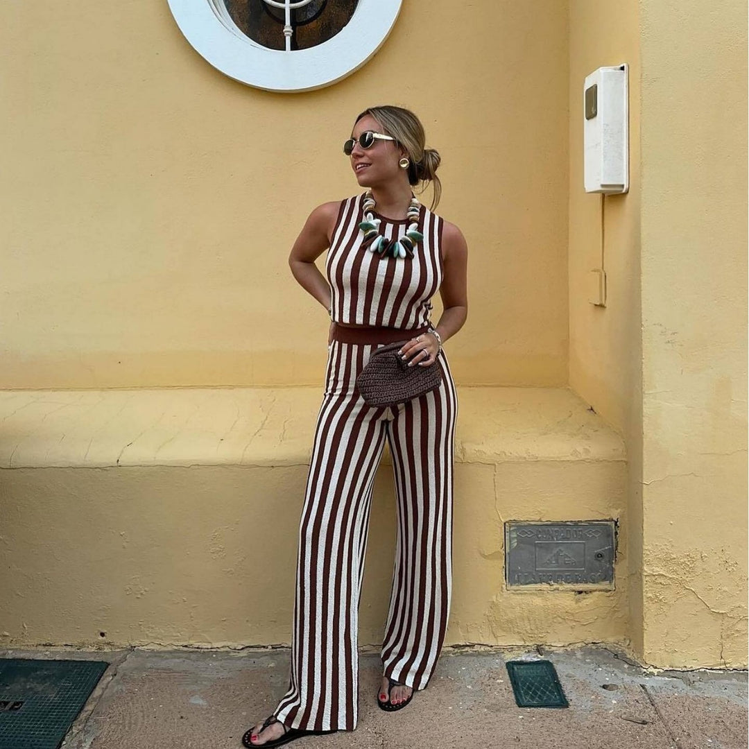 Damen lässiger Jumpsuit mit gestreiftem Design und hohem Bund R&B