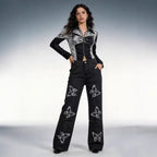 Damen Flared Jeans mit Blumendruck und hohem Bund