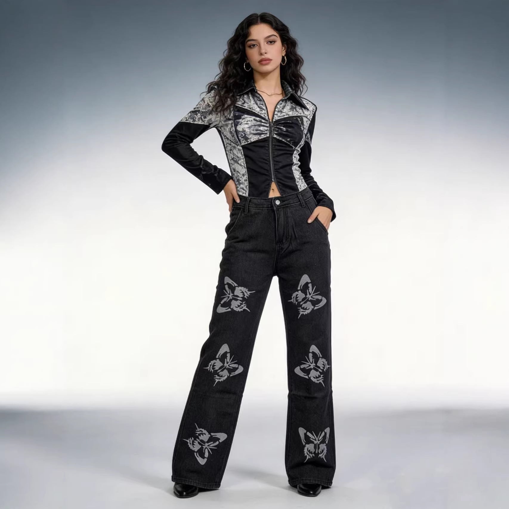 Damen Flared Jeans mit Blumendruck und hohem Bund