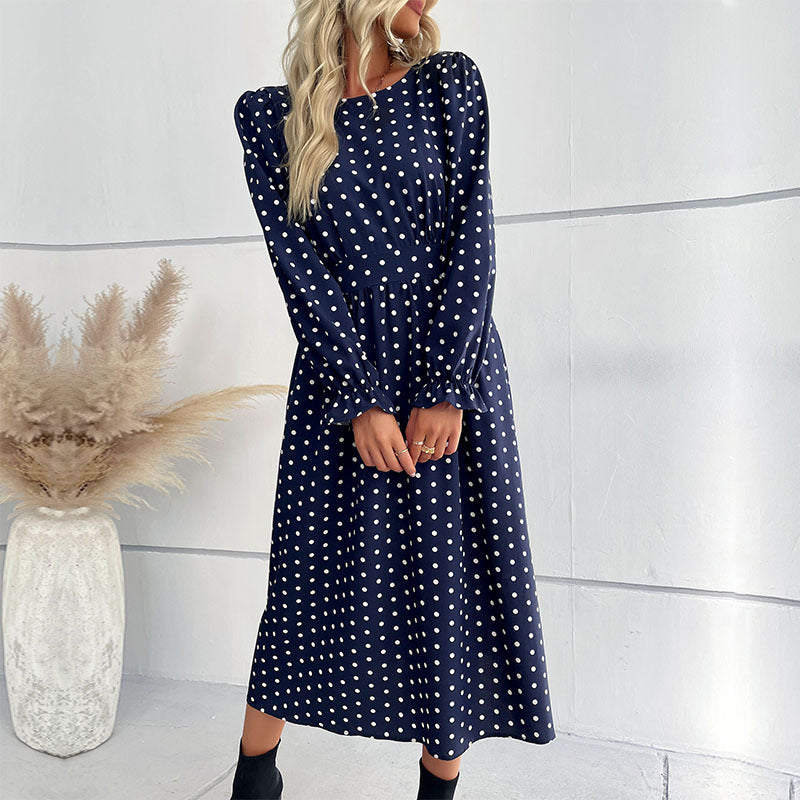 Damen Midi-Kleid mit eleganten Puffärmeln und punktiertem Design R&B