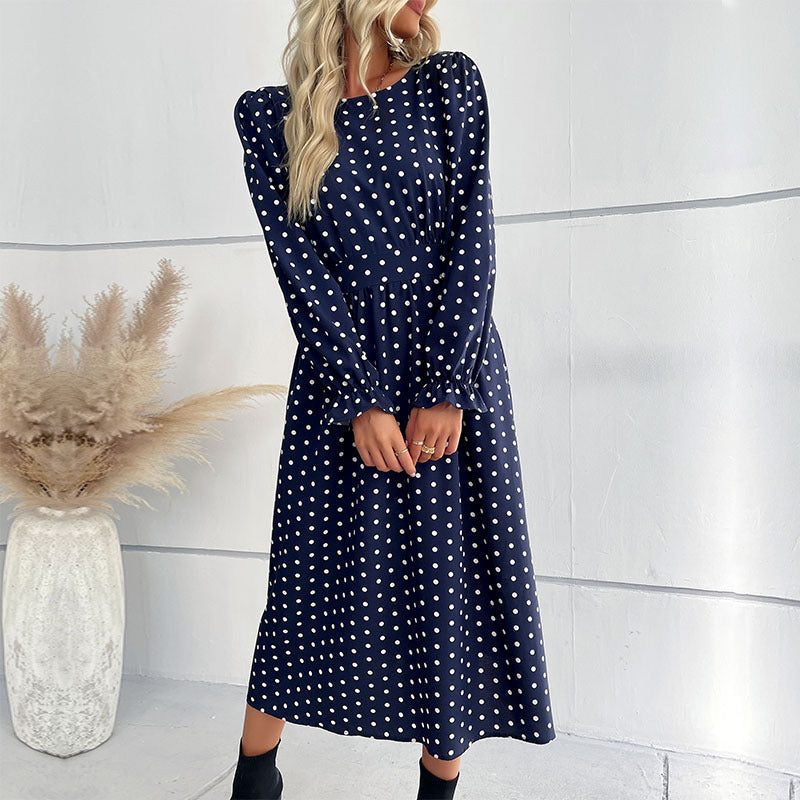 Damen Midi-Kleid mit eleganten Puffärmeln und punktiertem Design