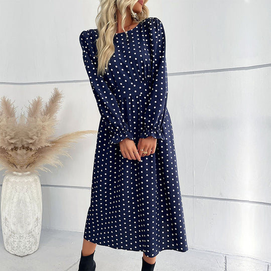Damen Midi-Kleid mit eleganten Puffärmeln und punktiertem Design R&B