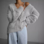 Damen weicher Strickcardigan mit luxuriösem Mohair-Anteil und lässigem Schnitt R&B