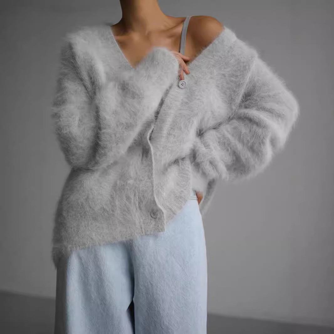 Damen weicher Strickcardigan mit luxuriösem Mohair-Anteil und lässigem Schnitt R&B