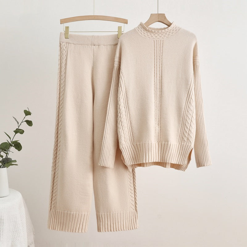 Damen komfortables Strick-Loungewear-Set mit hohen Bündchen und dekorativen Zopfmustern R&B