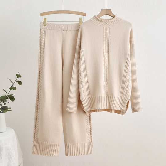 Damen komfortables Strick-Loungewear-Set mit hohen Bündchen und dekorativen Zopfmustern R&B