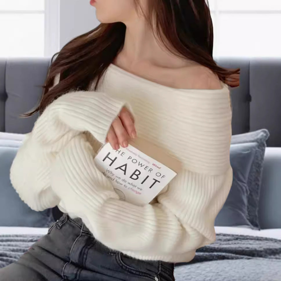 Damen Off-Shoulder Strickpullover mit elastischem Rippdesign R&B