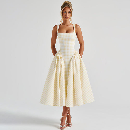 Damen Sommerliches Maxikleid mit Karo-Design und seitlichen Raffungselementen R&B