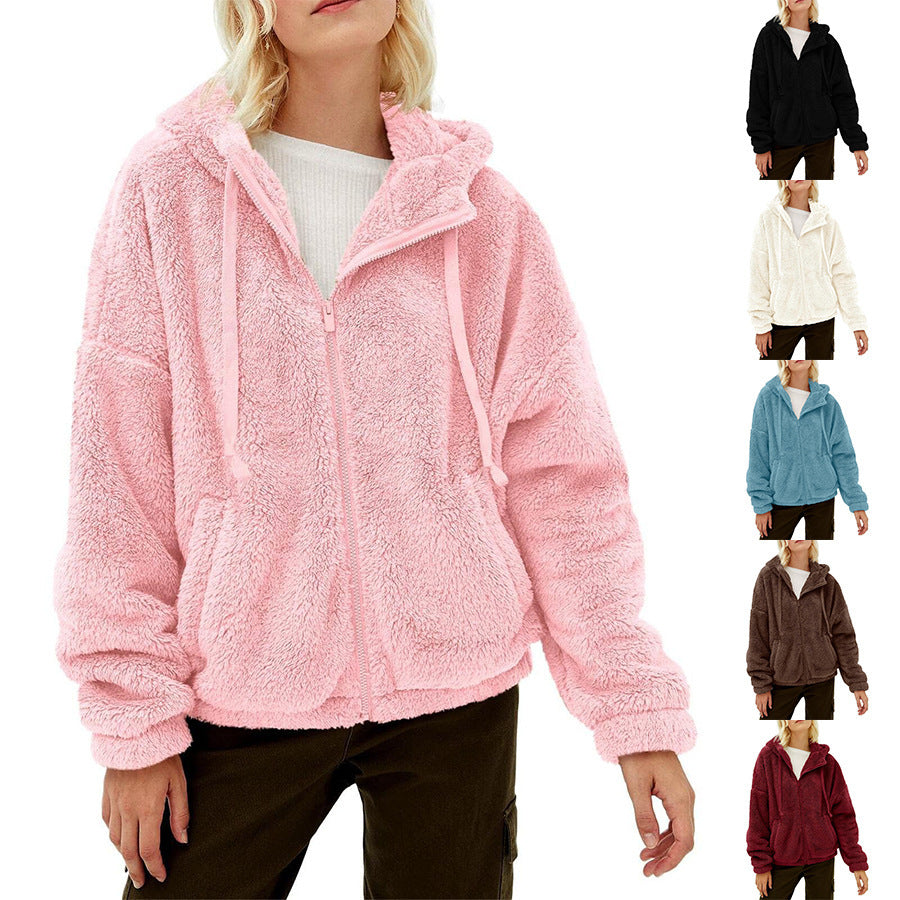 Damen Flauschige Plüschjacke mit Kapuze und Frontreißverschluss R&B