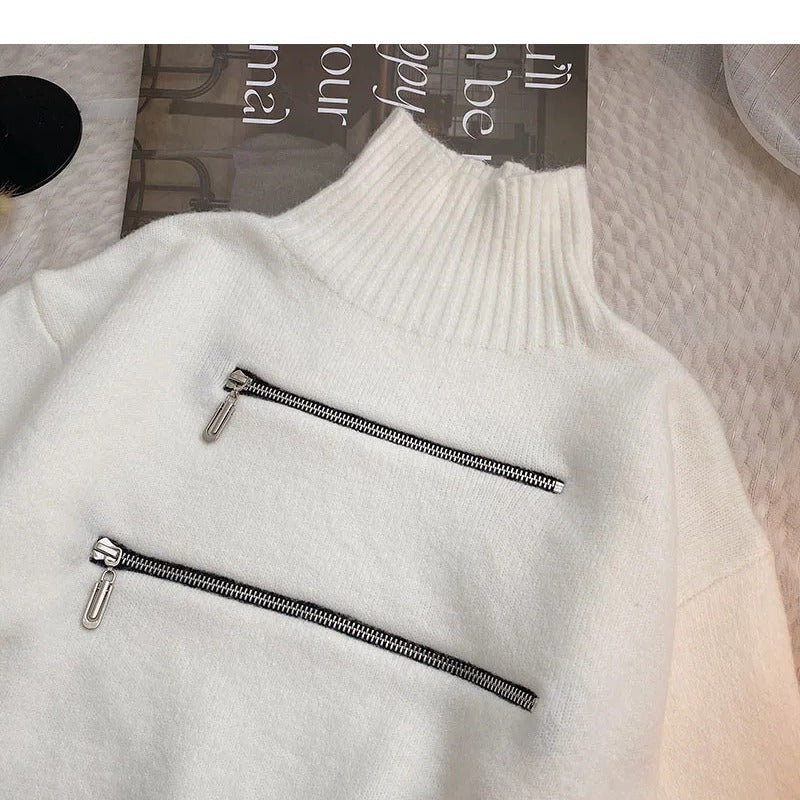 Damen stylischer Stehkragenpullover mit zwei asymmetrischen Reißverschlusstaschen und fransigem Saum R&B