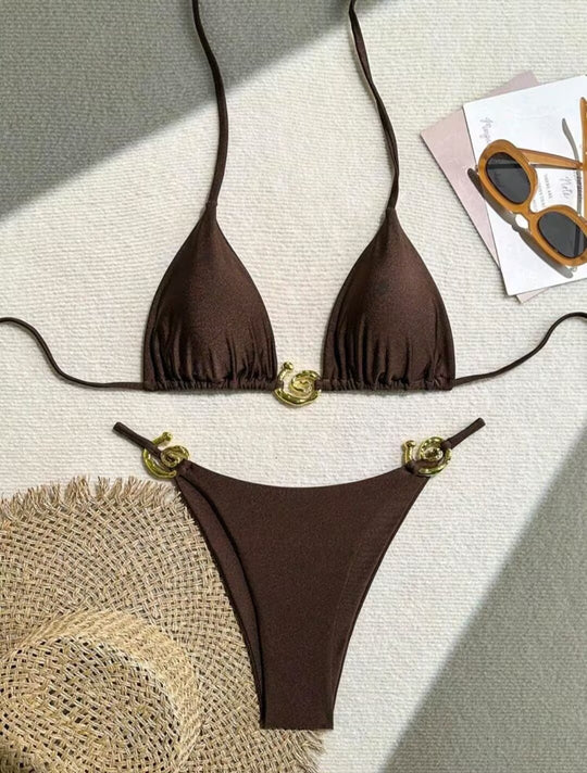 Damen Triangel-Bikini mit raffiniertem Gold-Detail R&B