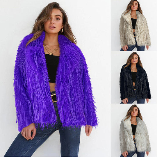 Damen Eleganter Kunstfellblazer mit breitem Kragen R&B