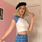 Damen Kurzarm Crop-Top mit farblich abgesetzten Raglanärmeln R&B