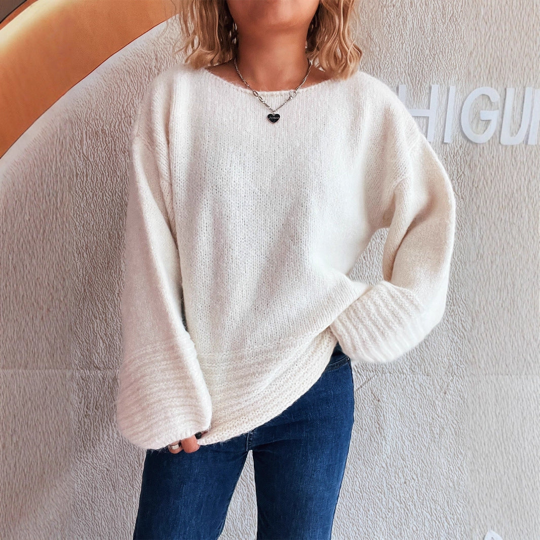 Damen kuscheliger Strickpullover mit weitem Schnitt und modischen Baumelärmeln R&B