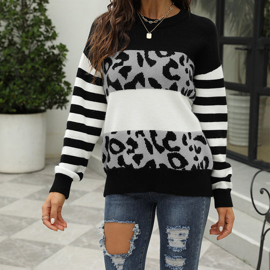 Damen modischer Pullover mit auffälligem Leopardenmuster und gestreiften Ärmeln R&B