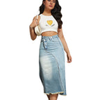 Damen Midi-Jeansrock mit hoher Taille und modischem Fransenabschluss
