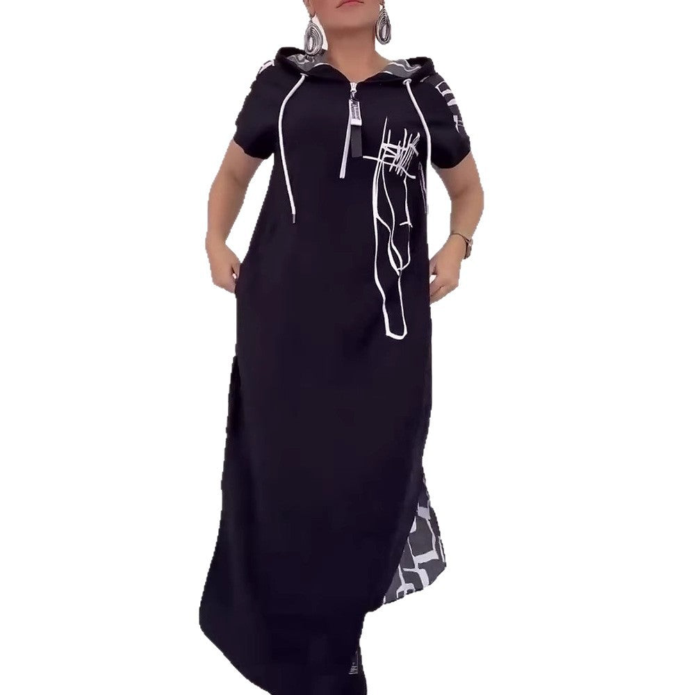 Damen nan urbanes Kapuzen‑Kaftankleid in lockerem Fall mit kurzärmeligem Schnitt und abstraktem Grafikmuster R&B