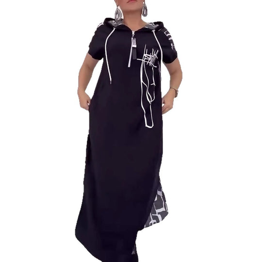 Damen nan urbanes Kapuzen‑Kaftankleid in lockerem Fall mit kurzärmeligem Schnitt und abstraktem Grafikmuster R&B