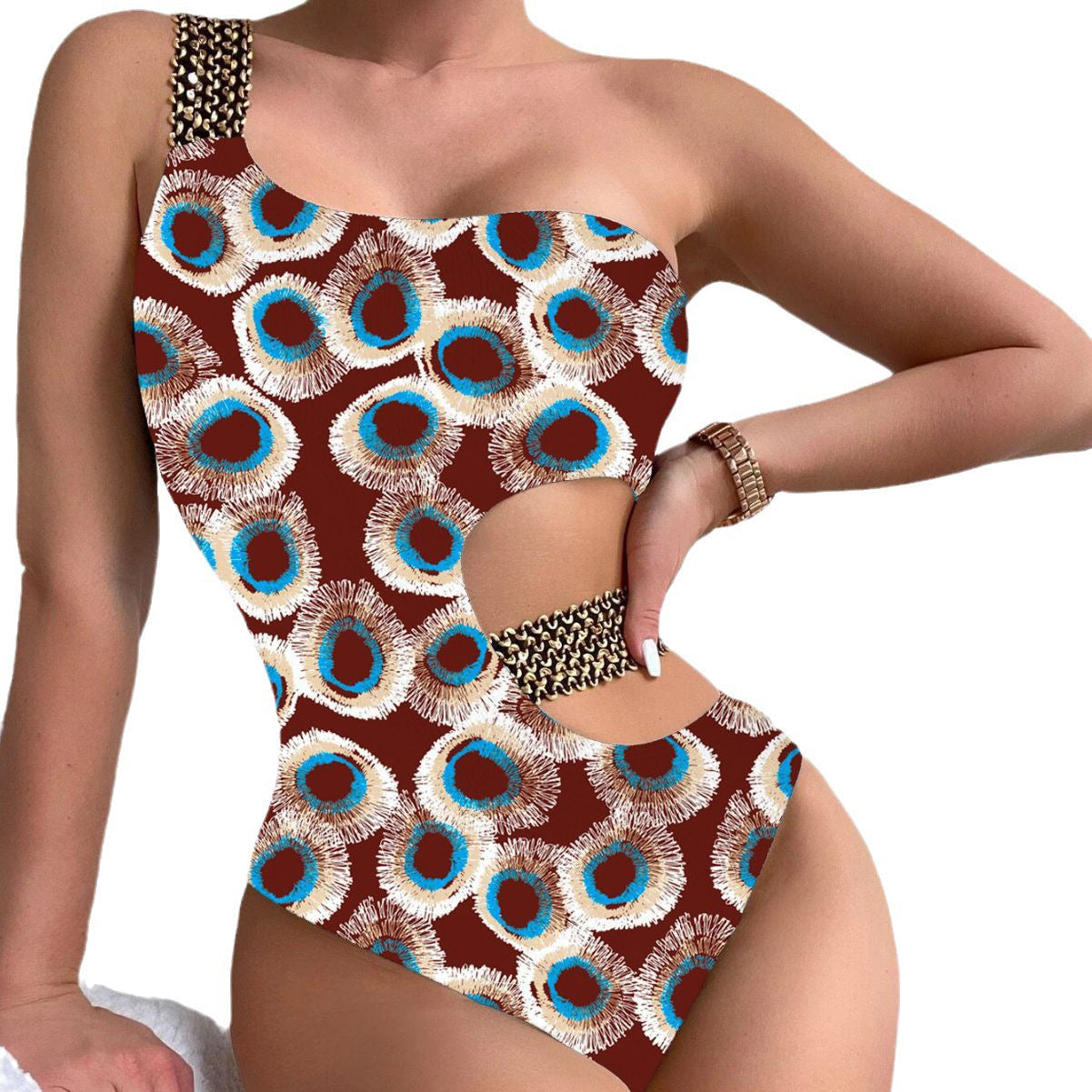 Damen Einteiliger Designer-Badeanzug mit asymmetrischem Schnitt und modischem Trägerriemen R&B