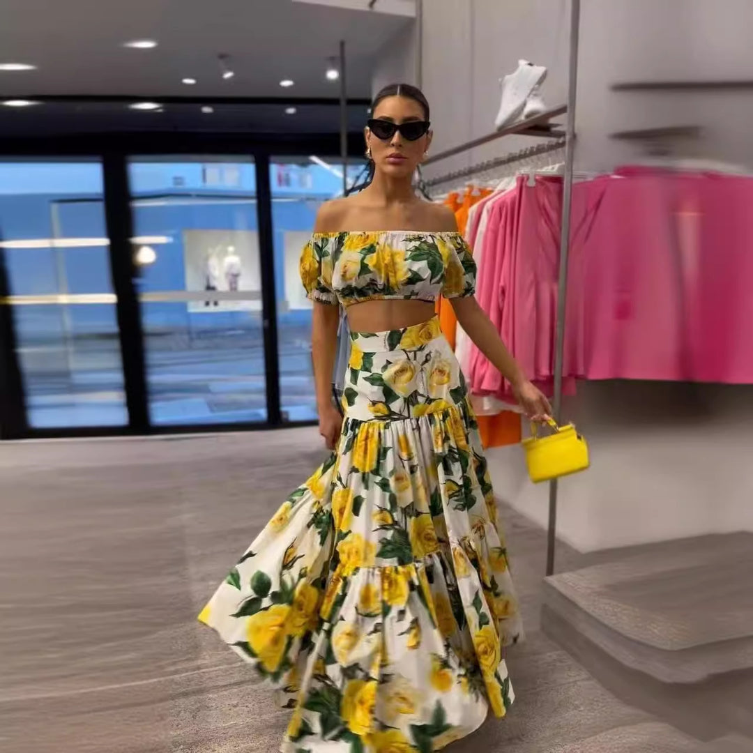 Damen Zweiteiliges Wickelkleid mit floralem Oberteil und schwingendem Rock R&B