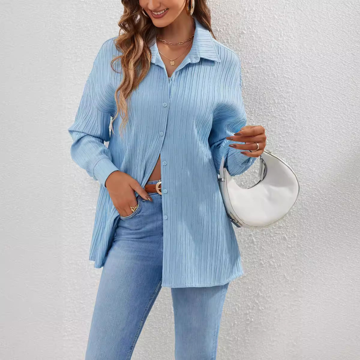 Damen lässige Hemdbluse mit Struktur und langen Ärmeln R&B