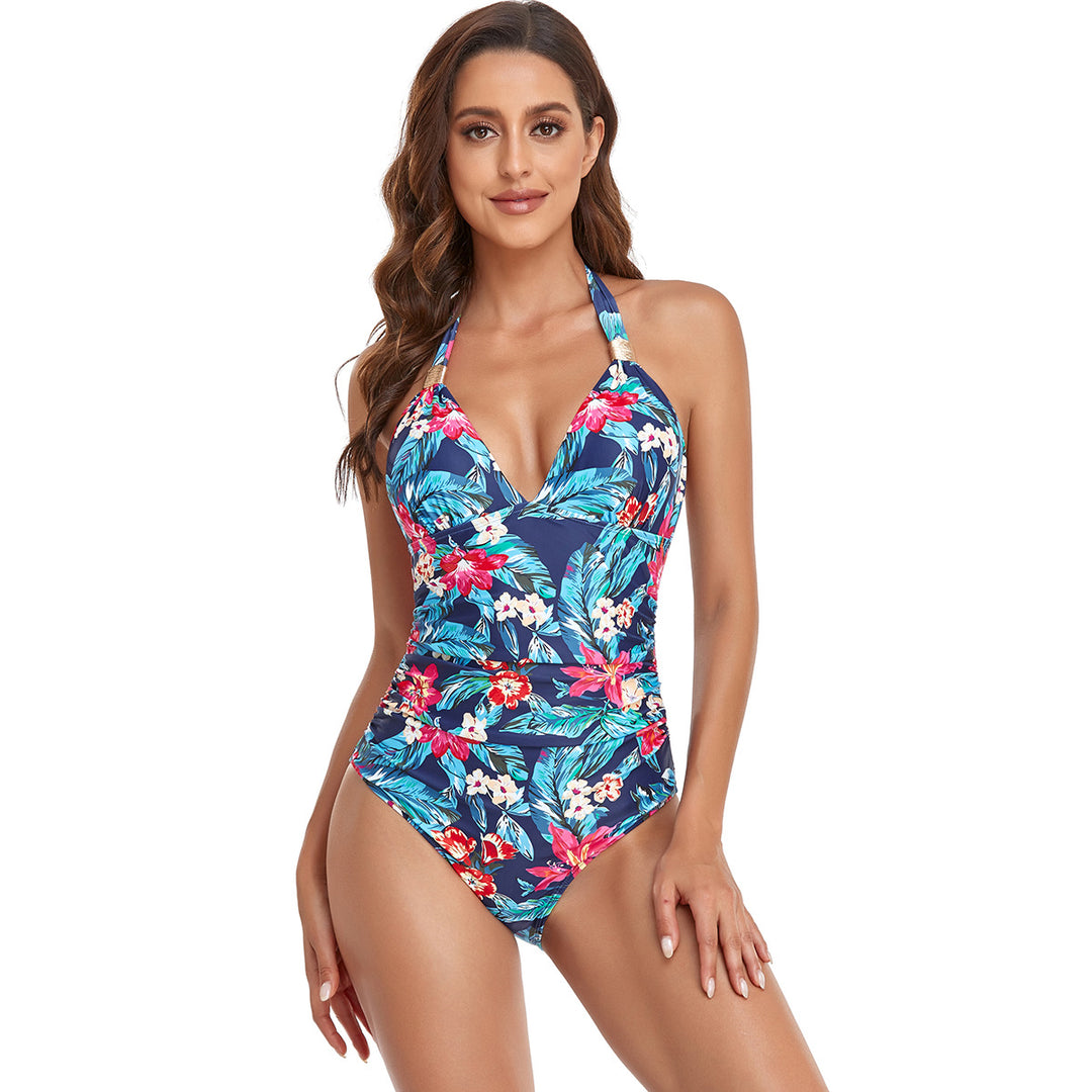 Damen einteiliger Badeanzug mit elegantem V-Ausschnitt und floralen Akzenten R&B