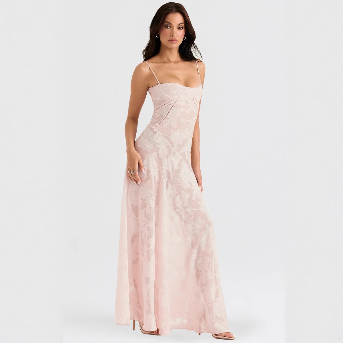 Damen Maxikleid mit dekorativem Spitzen-Oberteil und fließendem Rock R&B