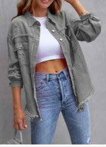 Damen Stylische Overshirt-Jacke mit fransigem Saum R&B