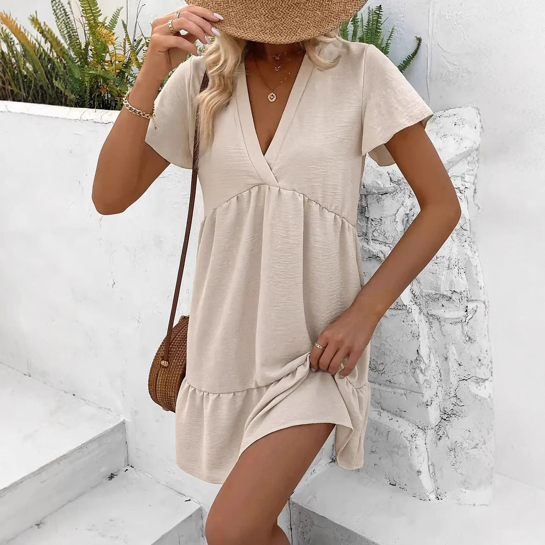 Damen luftiges V-Ausschnitt Kleid mit voluminösen Ärmeln R&B