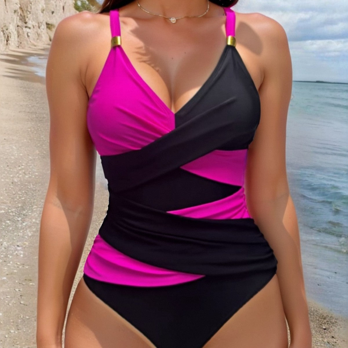 Damen Einteiliger Badeanzug mit modernem Wickeldesign und eleganten Akzenten R&B