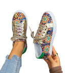 Damen Sportliche Sneakers mit buntem Ethno-Muster und goldenem Glitzer R&B