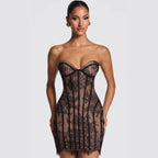 Damen Elegantes Korsettkleid mit Spitzenverzierung und transparenter Optik R&B