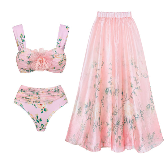 Damen Bikini-Set mit floralen Details und luftiger Maxi-Rock R&B