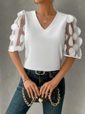 Damen V-Ausschnitt Bluse mit transparenten Puffärmeln
