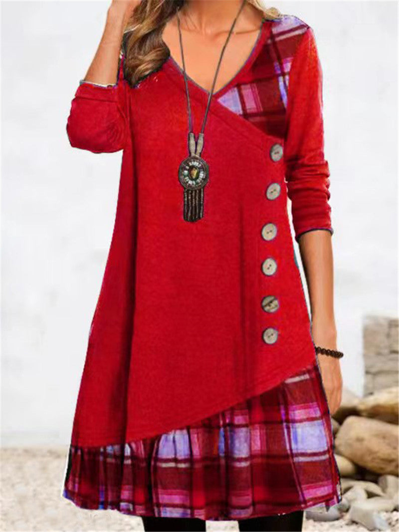 Damen modisches Wickelkleid mit Karomuster und Knopfdetails R&B