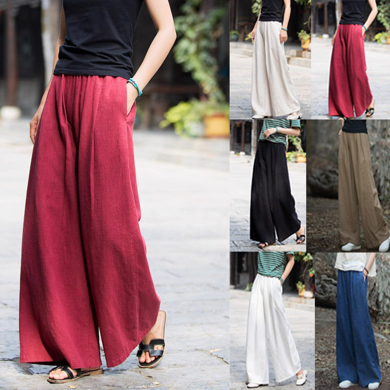 Damen weit geschnittene Leinenhose mit elastischem Bund und praktischen Taschen R&B