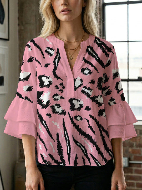 Damen Bluse mit Rüschendetails und auffälligem Animal-Print R&B