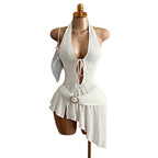 Damen nan figurbetontes Neckholder-Minikleid mit Schnürung, Cut-Out und asymmetrischem Wickelrock R&B