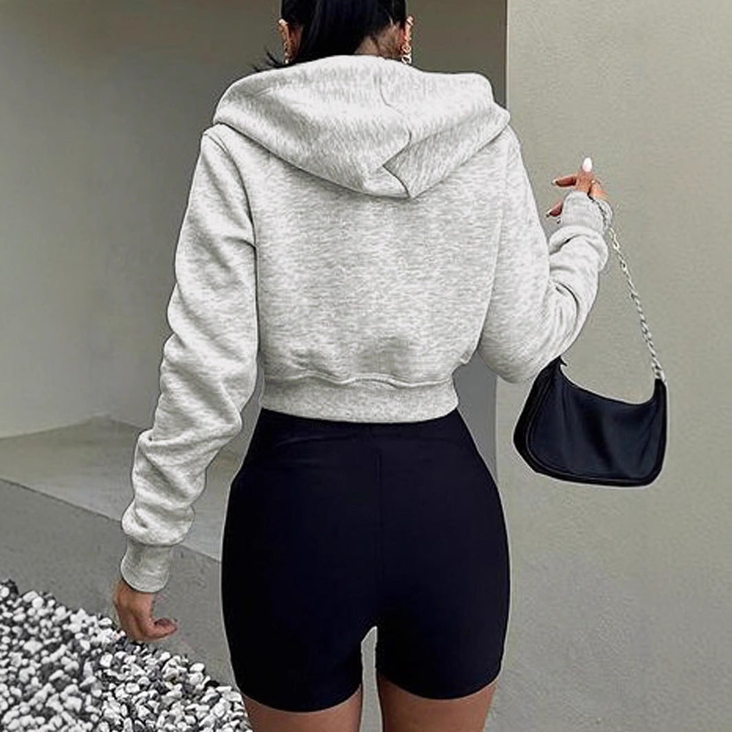 Damen cropped Kapuzenpullover mit Reißverschluss und sportlichem Design R&B
