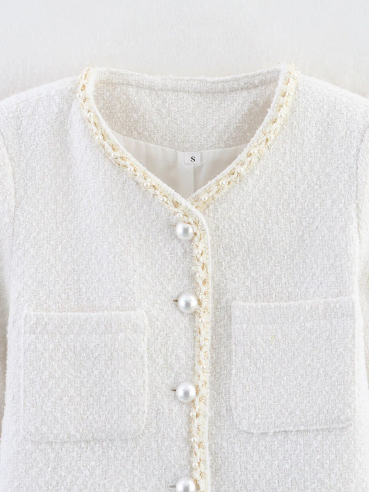 Damen elegante Kurzarmpulloverjacke mit perlverzierten Knöpfen und aufgesetzten Taschen R&B