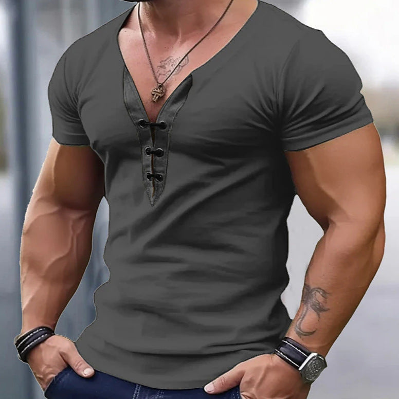 Herren trendiges V-Ausschnitt T-Shirt mit Knopfleiste R&B