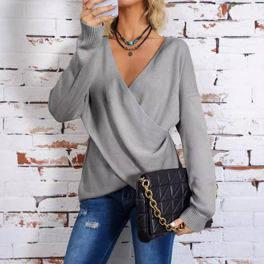 Damen Wickelpullover mit tiefem V-Ausschnitt und lässigem Schnitt R&B