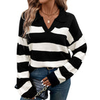 Damen Strickpullover mit V-Ausschnitt und Streifenmuster R&B
