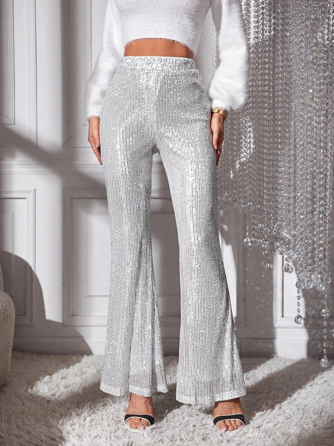 Damen Elegante Hochwasserhose mit Glitzer-Details R&B