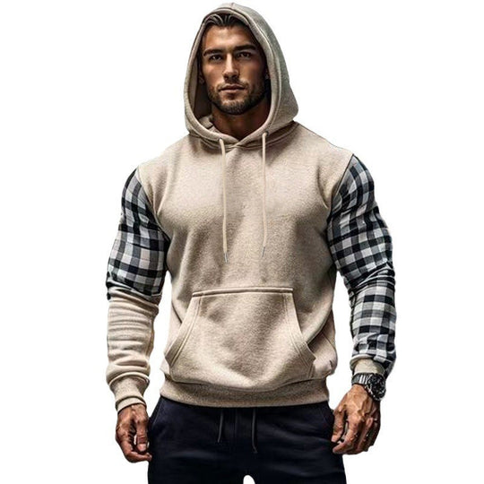 Herren Hoodie mit karierten Ärmeln und Kängurutasche R&B