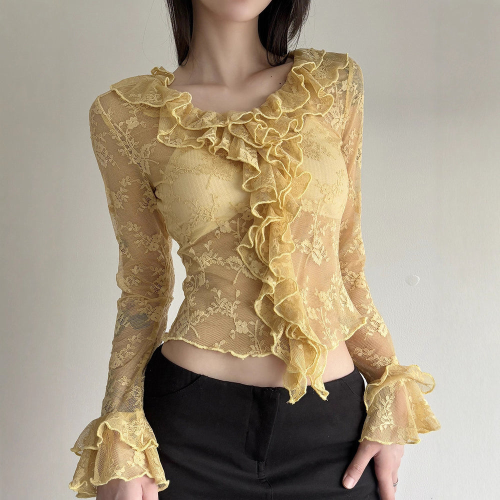 Damen Elegant verziertes Langarmoberteil aus Spitze mit Rüschen R&B